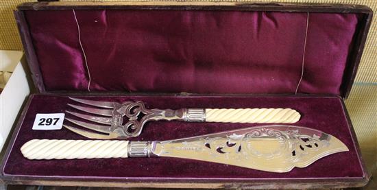 Cased silver plated and ivory fish servers